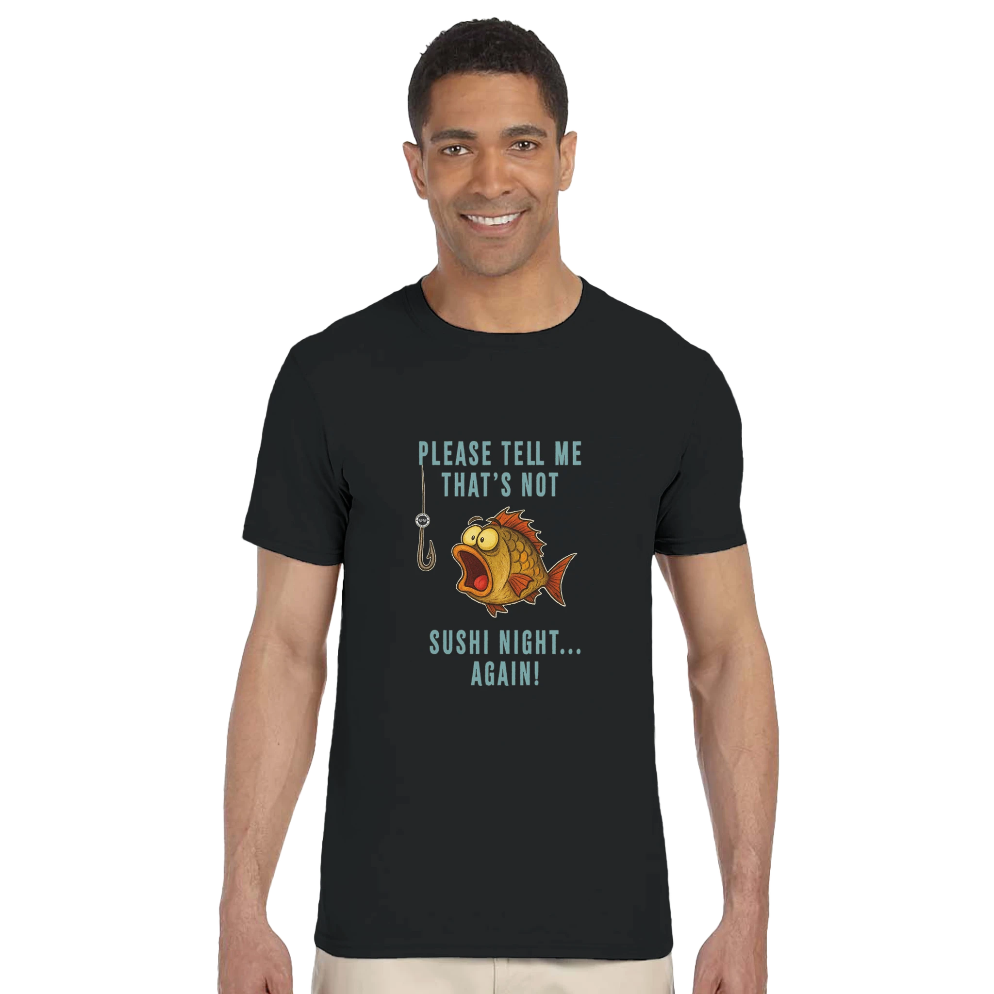 Sushi Design – Panicked cartoon fish facing a hook